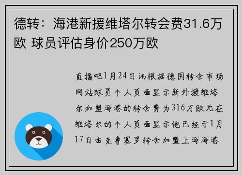 德转：海港新援维塔尔转会费31.6万欧 球员评估身价250万欧