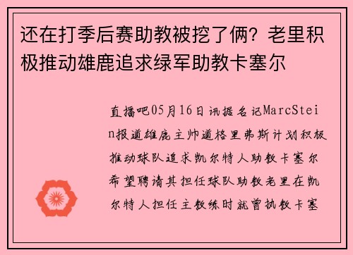 还在打季后赛助教被挖了俩？老里积极推动雄鹿追求绿军助教卡塞尔